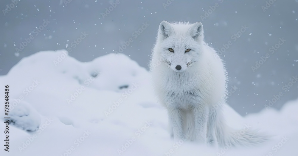 Arctic Fox in winter coat, camouflaged against the snow, alert and curious. Arctic Fox in winter coat, camouflaged against the snow, alert and curious.