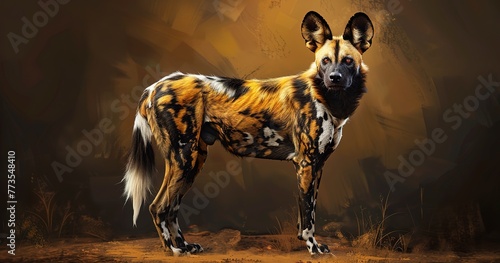 African Wild Dog, patterned coat, ears perked, social and efficient hunter.