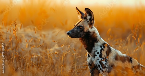 African Wild Dog, patterned coat, ears perked, social and efficient hunter.  photo