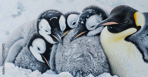 Emperor Penguin family huddled together, detailed feathers, enduring the cold. 