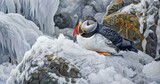 Puffin with colorful beak, nestled among icy rocks, vibrant against the snow. 