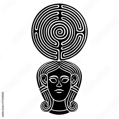 Head of the Middle East goddess Astarte or Egyptian Hathor holding a round spiral maze or labyrinth symbol as her crown. Creative mythological feminist concept. Black and white silhouette.