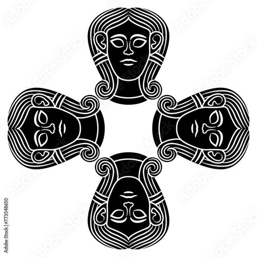 Cross shape ethnic design with four heads of goddess Astarte or Hathor. Black and white silhouette.