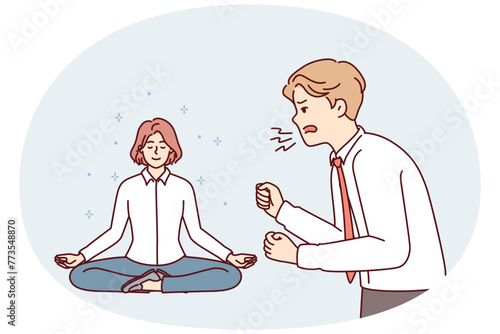 Angry manager yelling at employee sitting in lotus position and not paying attention to employer bad attitude. Girl uses meditation and yoga located near screaming unbalanced man