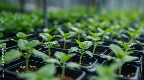Vibrant Young Seedlings Growing in Nursery Pots, Sustainable Agriculture Concept