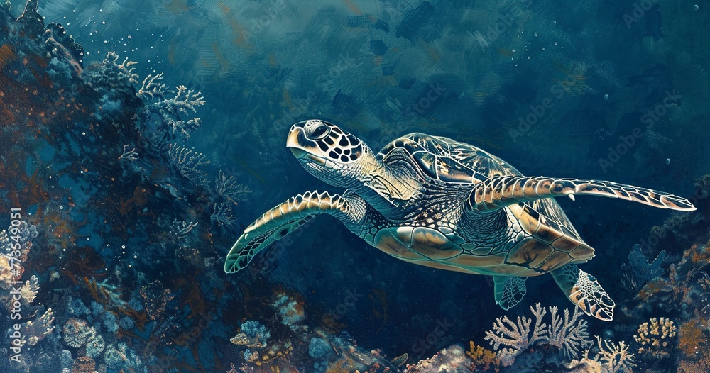 Hawksbill Turtle swimming, intricate shell patterns visible, serene underwater scene. Hawksbill Turtle swimming, intricate shell patterns visible, serene underwater scene.