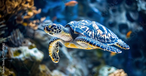 Hawksbill Turtle swimming, intricate shell patterns visible, serene underwater scene. 