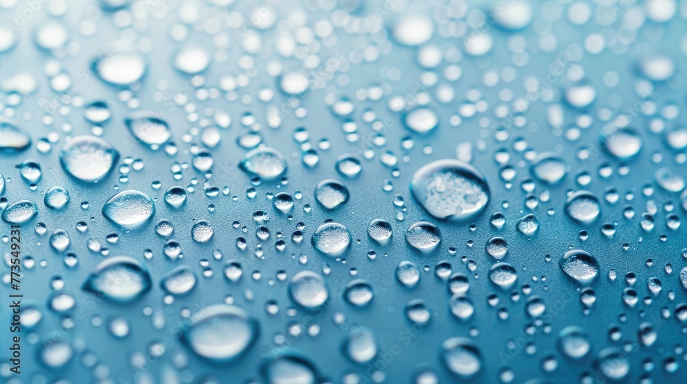 Close-up of water droplets on a blue surface with light reflections