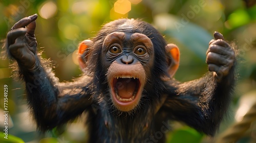  playful energy of baby chimpanzees swinging on a lush jungle green background, their agile movements and mischievous grins immortalized in cinematic 8k full ultra HD © Artistic_Creation
