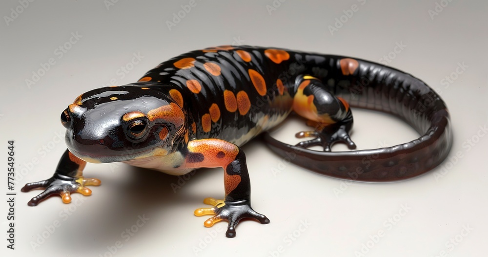 Salamander with vibrant markings, delicate limbs, exploring its surroundings. Salamander with vibrant markings, delicate limbs, exploring its surroundings.