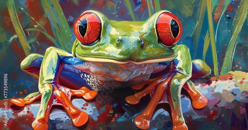 Red-eyed tree frog, eyes wide, limbs splayed, iconic and vivid. photo