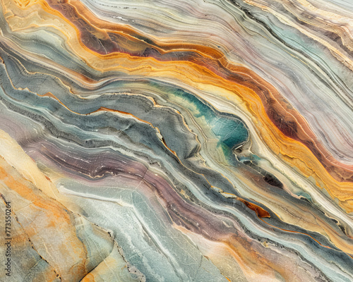 A close-up view of the colorful striations in a rock formation,