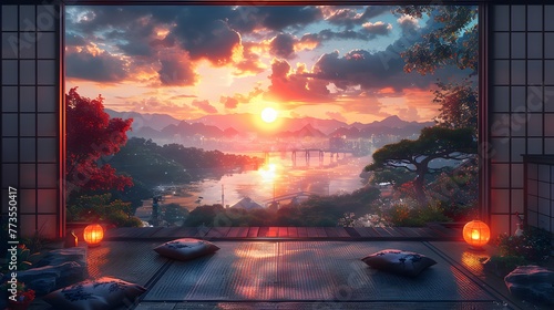 Experience the serenity of twilight within a Japanese room rendered in charming anime cartoonish artstyle © Artistic_Creation
