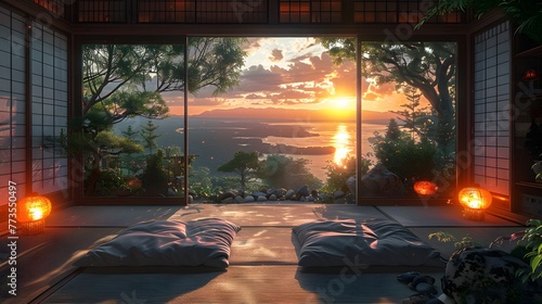 Experience the serenity of twilight within a Japanese room rendered in charming anime cartoonish artstyle
