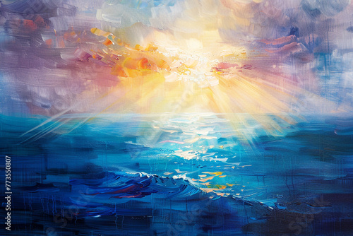 Colorful oil painting on canvas texture of a seascape with sunlight background.