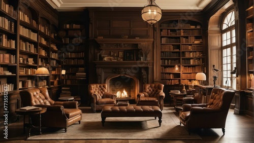 Traditional library interior with fireplace photo