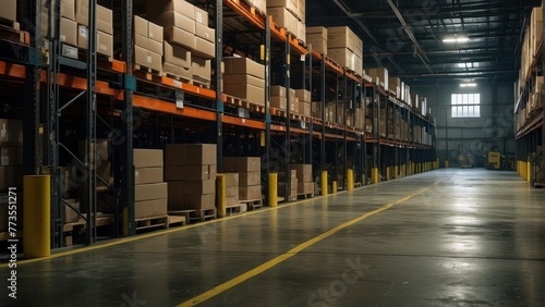 Modern warehouse with forklift and rows of boxes