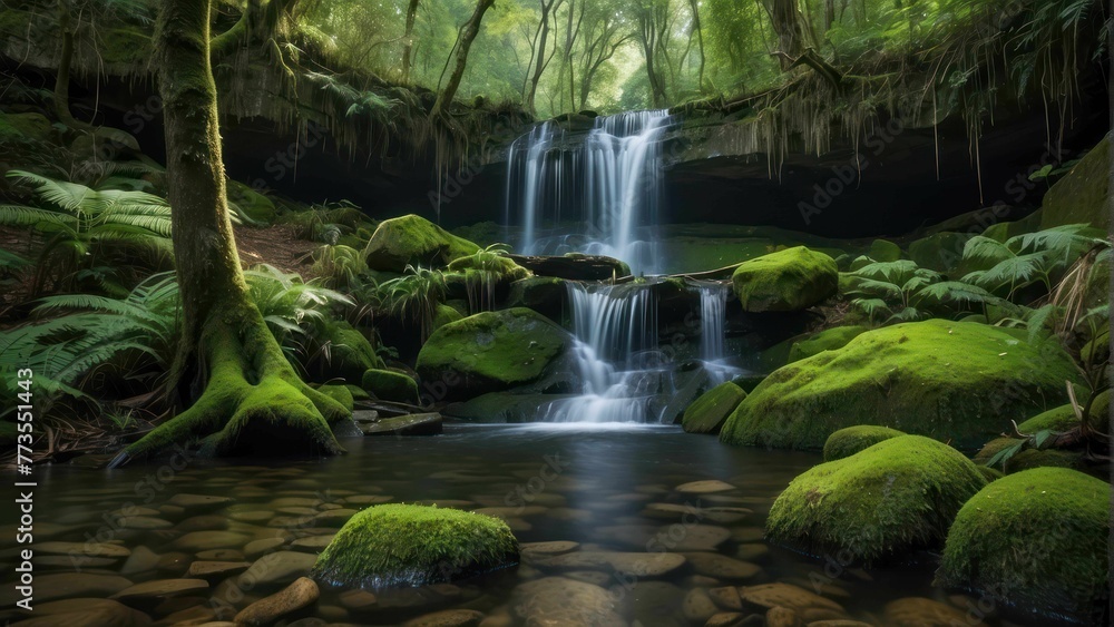 serene waterfall surrounded by lush greenery serene waterfall surrounded by lush greenery