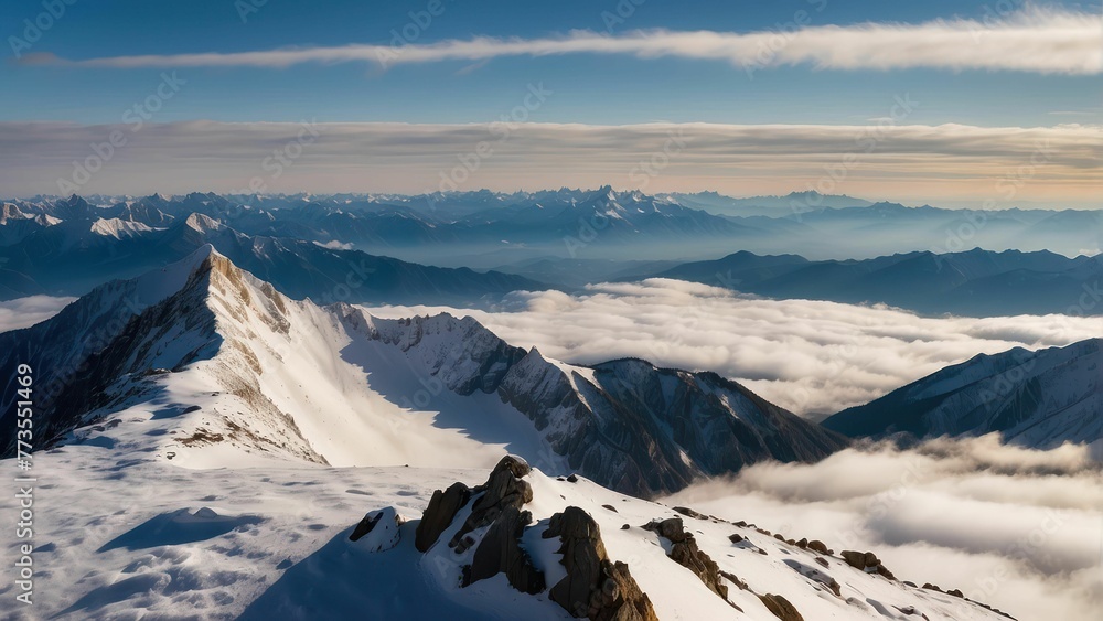 A breathtaking panoramic view of snow covered mountain peaks during sunrise with clouds below