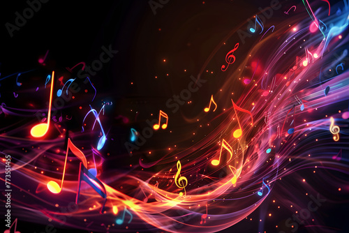 abstract background in the form of a musical wave, a multi-colored musical wave with notes on a black background