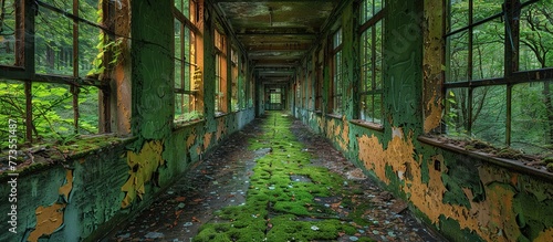 abandoned building interior, overgrown with moss and nature taking back the building,
