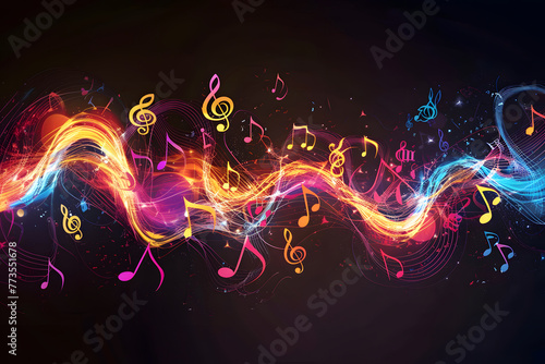 abstract background in the form of a musical wave, a multi-colored musical wave with notes on a black background