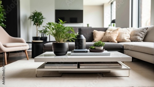 Modern living room with stylish decor and plants © sitifatimah