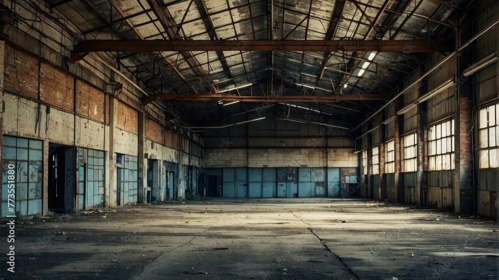 Abandoned industrial hall with rusty structure