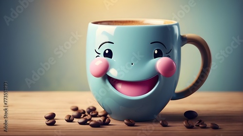 Coffee mug with happy face: brighten your day with joy.