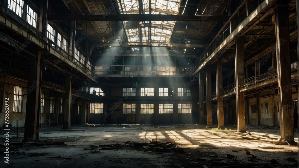 Sunbeams illuminating an abandoned factory