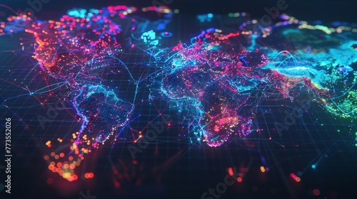 A map of the world showcasing colorful lights representing various locations and regions.