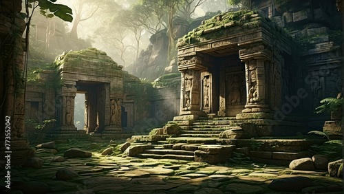 Ancient temple ruins in a mystic foggy jungle