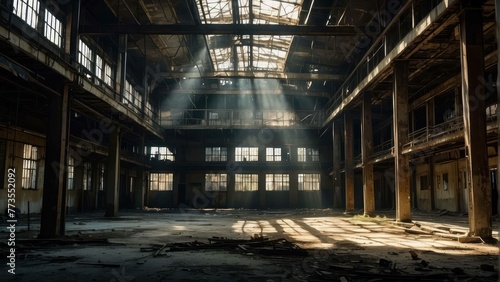 Sunbeams illuminating an abandoned factory