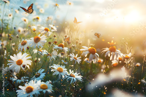 panorama of a spring landscape with blooming flowers in a meadow and butterflies. © Svitlana Sylenko