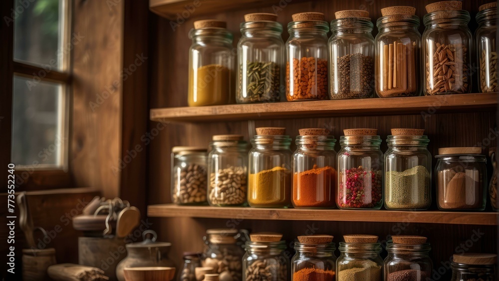 Assorted spice jars on wooden kitchen shelves