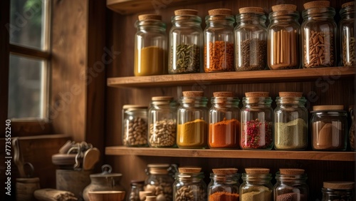 Assorted spice jars on wooden kitchen shelves