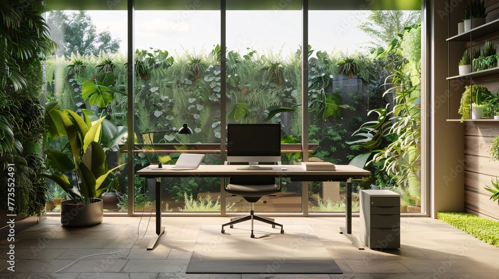 A Serene Home Office Space Designed with Biophilic Elements, Integrating Technology and Nature for the Ultimate Remote Working Experience