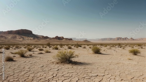 Desert landscape with dry ground and shrubs photo