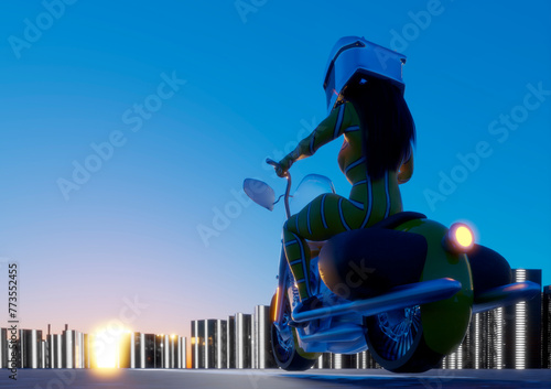 Woman rides motorcycle in golden hour sport with yellow suit and protective helmet golden hour