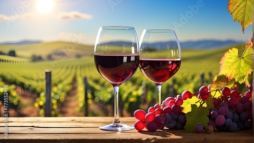 Glass of wine with red wine poured and a sunny vineyard scene