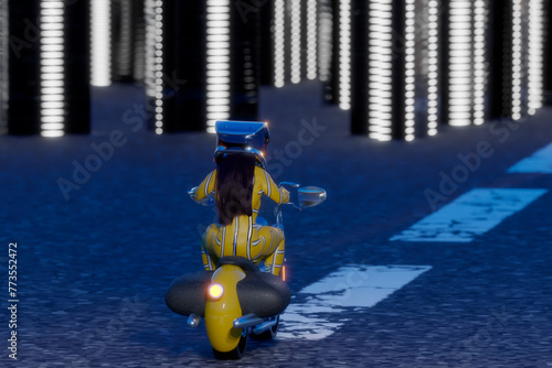 Woman rides motorcycle into a futuristic light-filled labyrinth or maze while wearing suit and helmet and selective focus protective suit