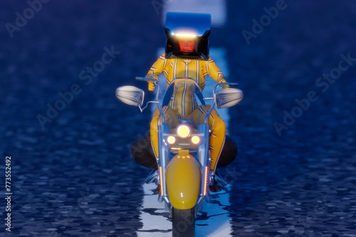 Female motorcyclist rider with sporty lifestyle riding on the road wearing yellow suit and protective helmet selective focus