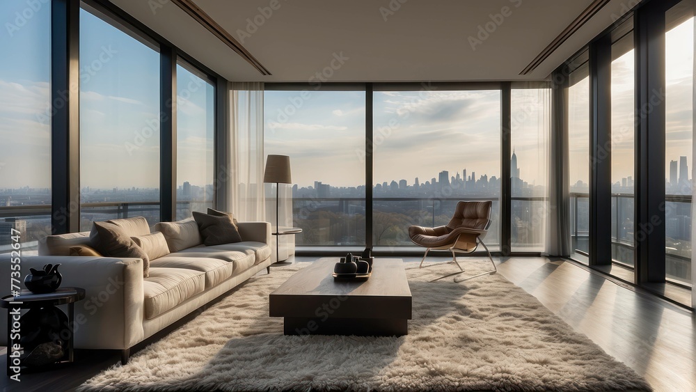 Luxury apartment with city view through window Luxury apartment with city view through window