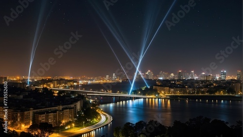 vibrant night cityscape with illuminated spotlight beams cutting through the dark