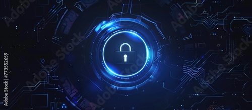 A circular cyberspace lock with holographic effects and blue neon lines around it, set against a dark background. The lock is centered in the frame, surrounded by futuristic tech elements like digital photo