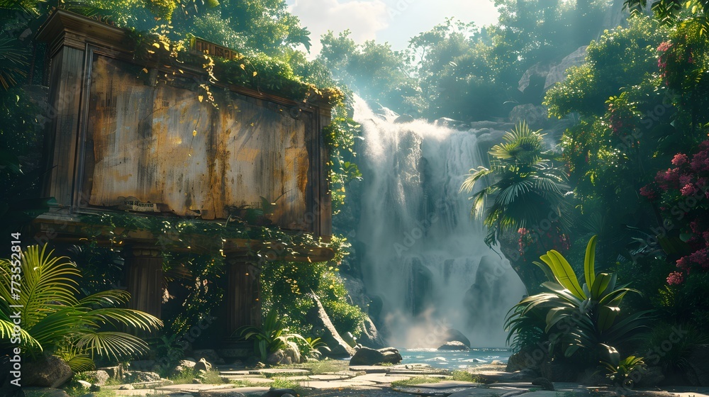 a billboard mockup against a breathtaking waterfall backdrop, with cascading water and lush vegetation creating a captivating setting for outdoor advertising - obrazy, fototapety, plakaty 