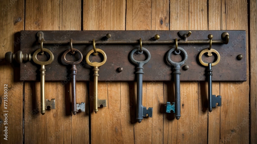 Antique keys hanging on wooden board Antique keys hanging on wooden board