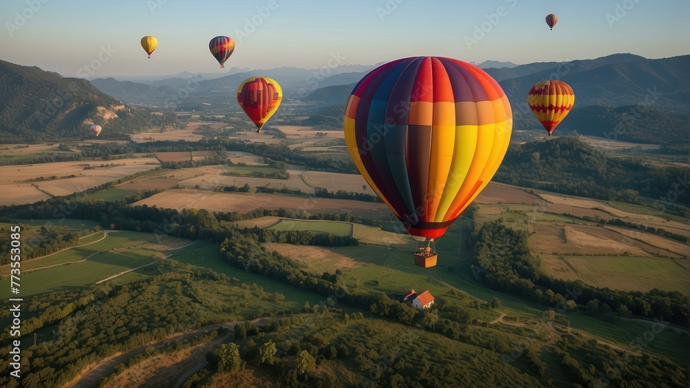 Naklejka premium Scenic hot air balloons over serene landscape