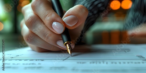 A closeup shot of a persons hand holding a pen signing a quality management document. Concept Close-up Photography, Quality Management, Business Documentation, Hand Holding Pen, Signing Document