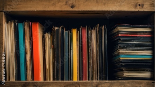 Vintage records in a wooden crate
